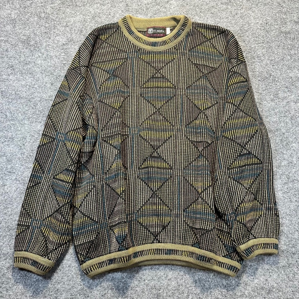 Vtg Tundra Canada Knit Sweater Mens Medium Green Geometric 3D Textured Coogi